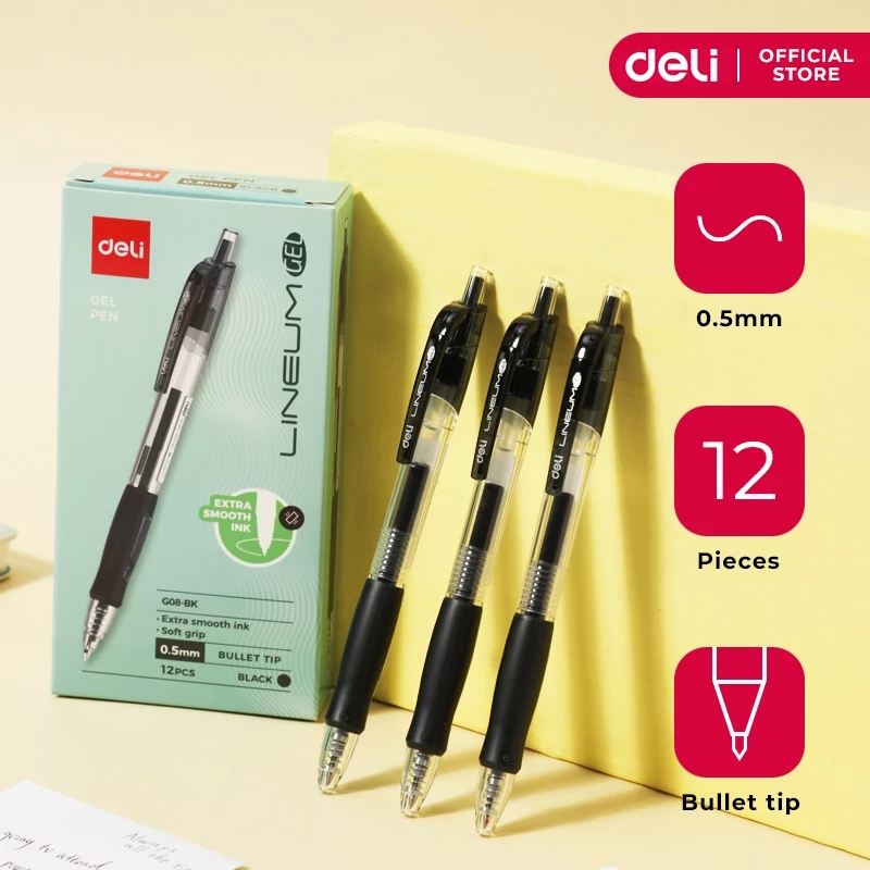 18% OFF Deli Lineum Bullet Tip Gel Pen 0.5mm Black Soft Grip Sets 12pcs/box EG08-BK