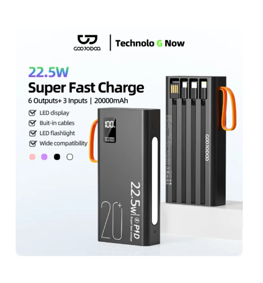 46% OFF GOOJODOQ Power Bank 2025 22.5W PD Fast Charging 20000 mAh Battery LED Display Built-in Cables with Emergency Flashlight