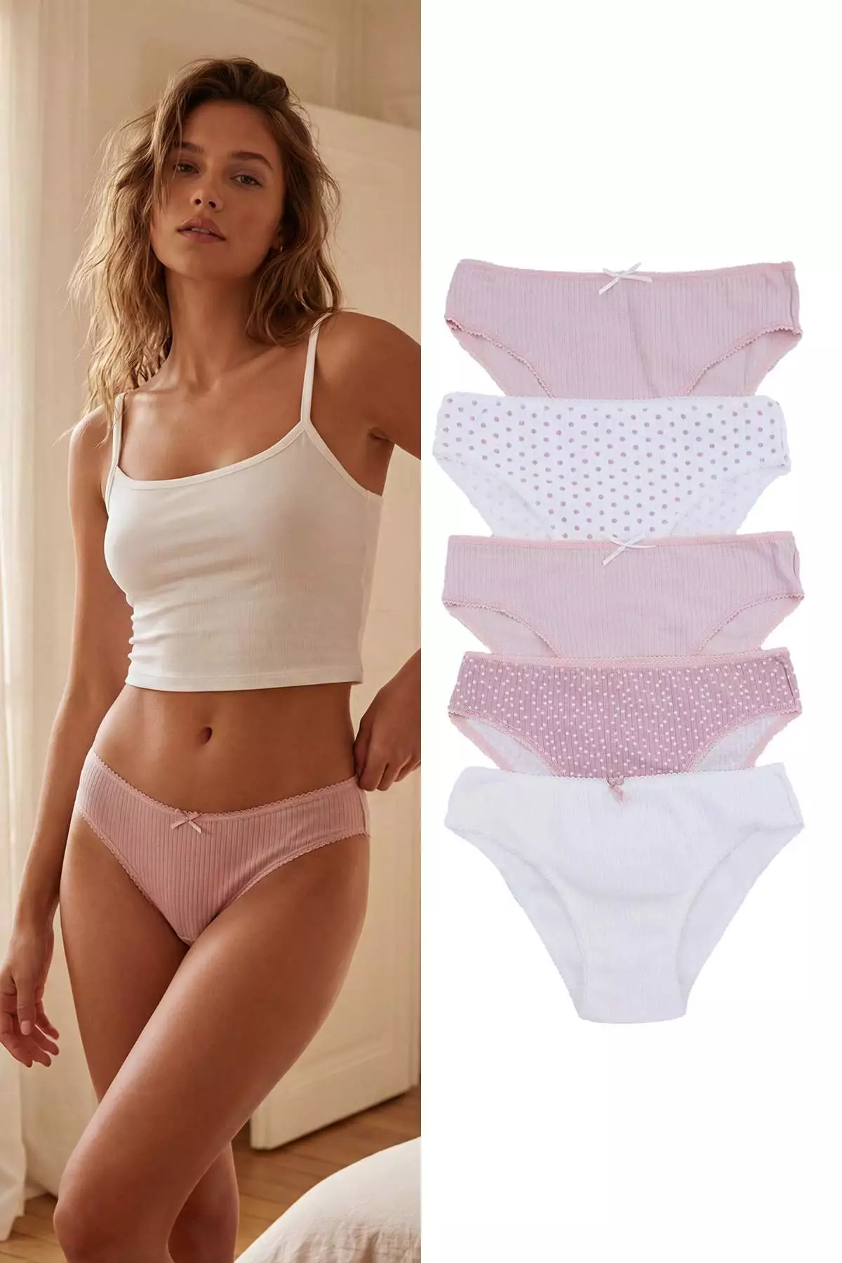 30% OFF Pink-Multicolor 5-Piece Polka Dot Ribbed Classic Knitted Panties Thmss26Ku24