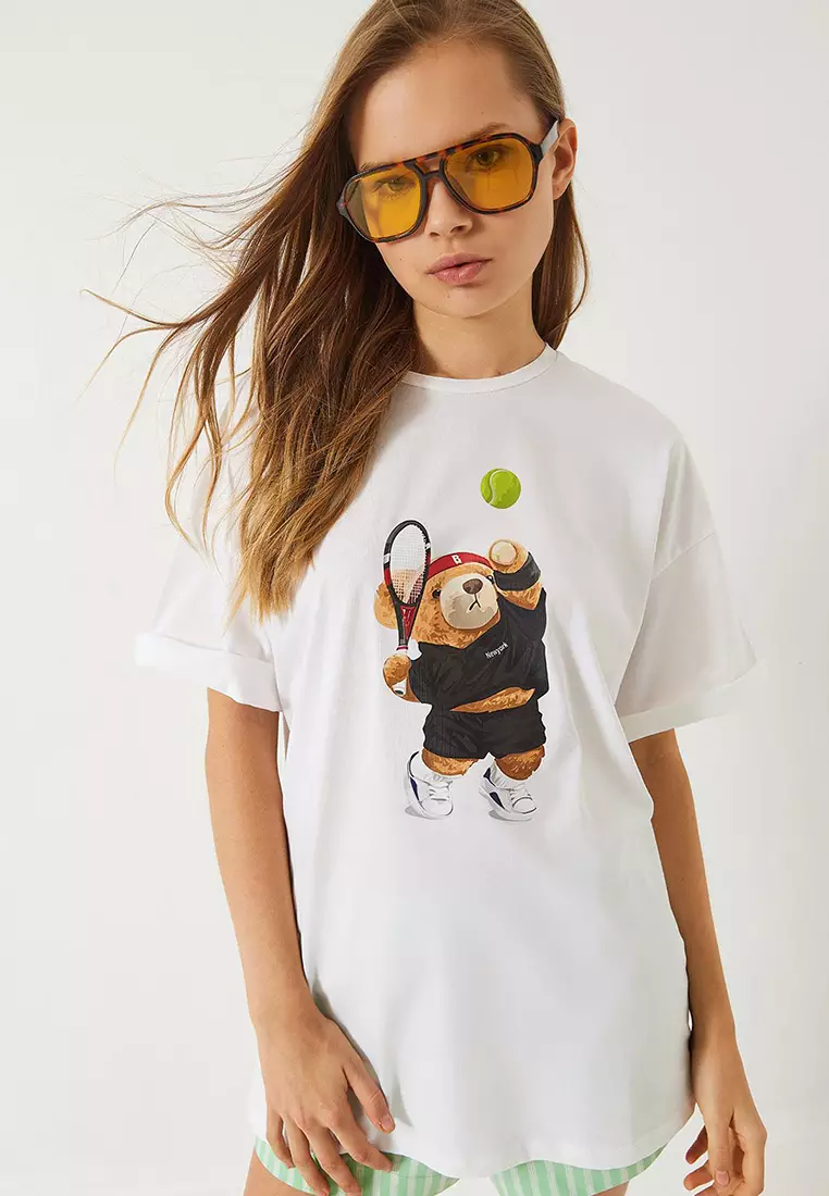 23% OFF Bianco Lucci Women's Tennis Teddy Printed Oversize T-Shirt 6005 60283084