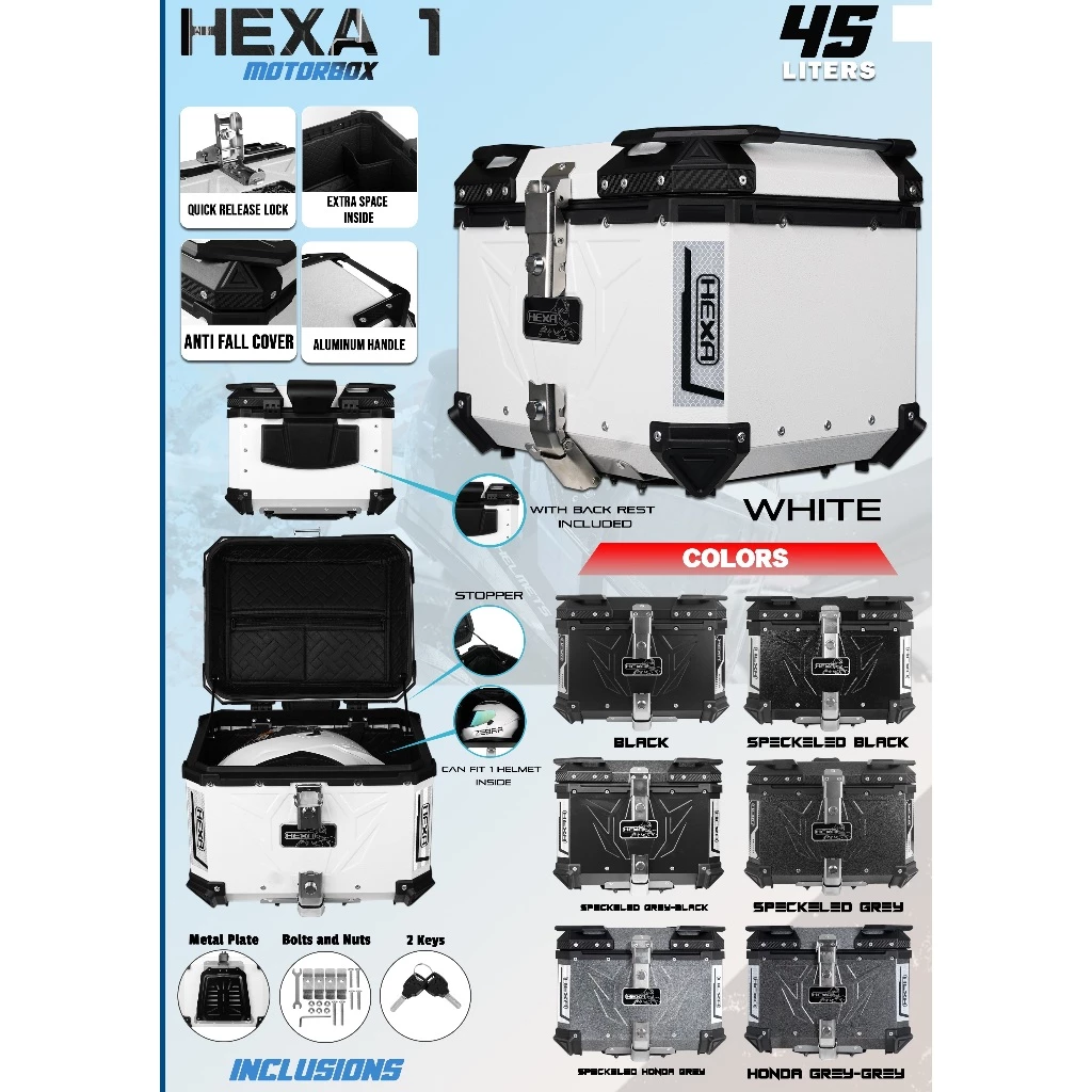 30% OFF HNJ HEXA 1 Motorbox 45L Motorcycle Top Box | Aluminum Handle | Quick Release Lock | With Backrest