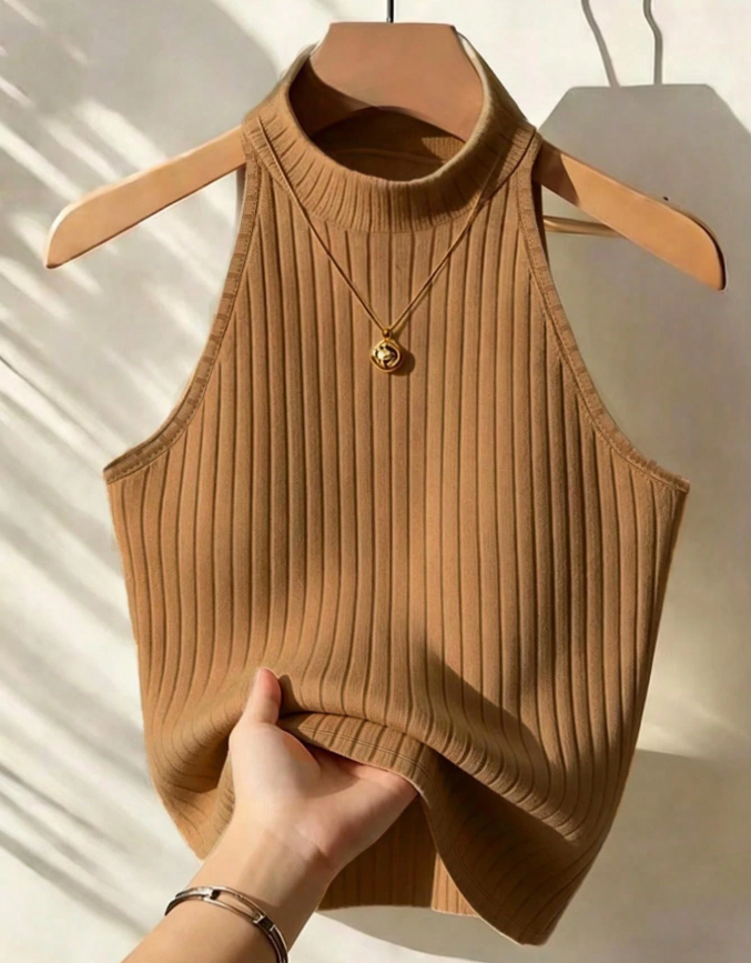 4% OFF Franclia Women's Solid Color Turtleneck Sleeveless Minimalist Casual Design Ribbed Tank Top Everyday Camel Summer Everyday
