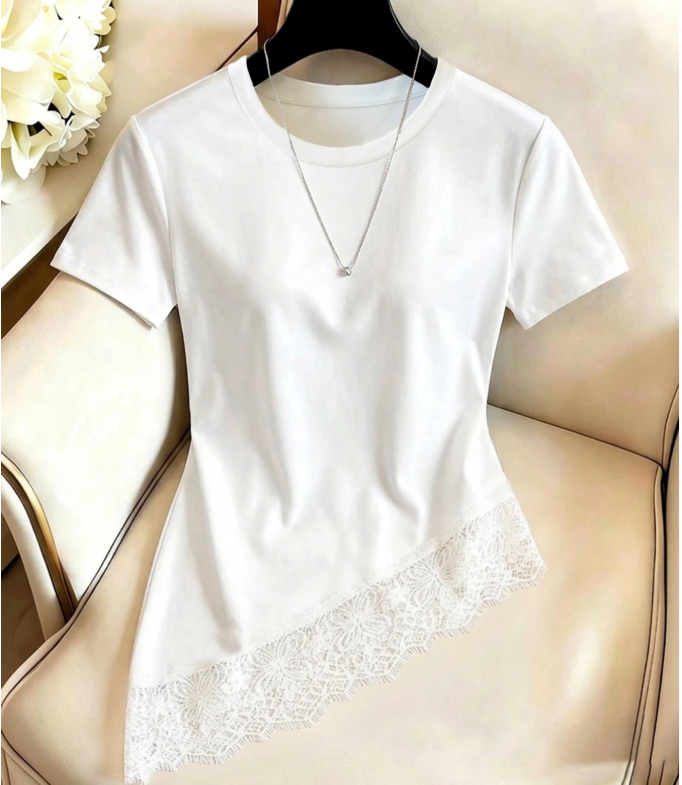 4% OFF GlowEve Women's Round Neck Lace Patchwork Casual Versatile Daily Wear T-Shirt
