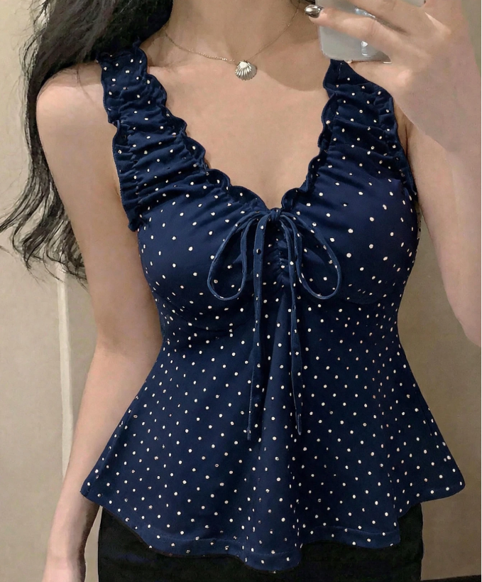 10% OFF DAZY Women's Summer Polka Dot Allover Print Ruched V-Neck Sleeveless Casual Tank Top Graphic Tee