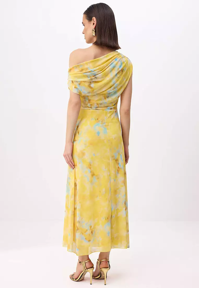40% OFF Trendyol Yellow-Multicolor Floral Straight-Cut Knitted Tulle Maxi Lined Stylish/Evening Dress