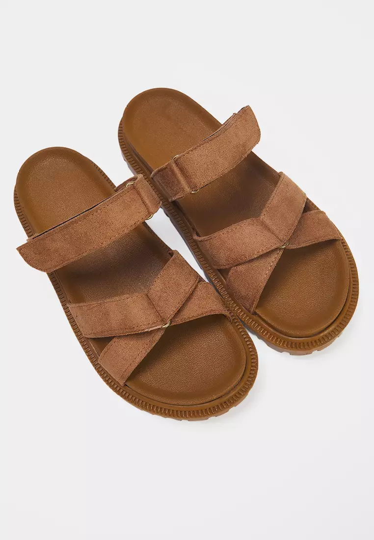 35% OFF Tan Suede Velcro Banded Flat Women's Slippers Takss25Te00003