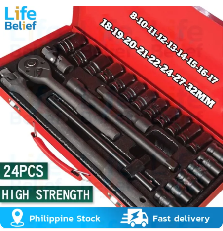 73% OFF （COD）Tool Sets Made in Germany 24PCS Socket SET 8mm To 32mm 1/2 Drive with Ratchets Sockets , Power Handle , Sliding Bar Flyman Tools Set Original Socket Tools Tools Set with Box Socket Wrench Set Wrench Tools Set