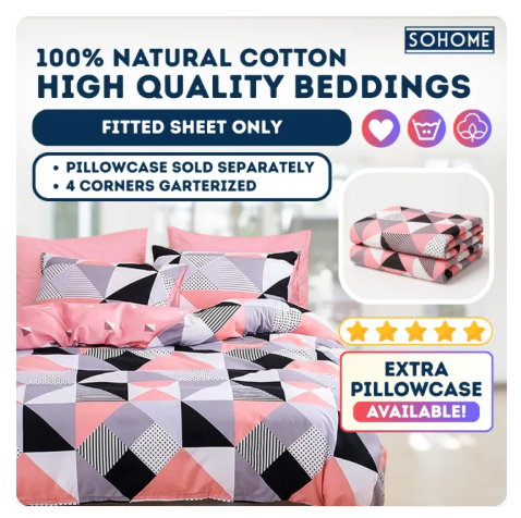 54% OFF [Fitted Bed Sheet on Sale] SOHOME 1pc Cotton Blend Fitted Bedsheet Cover with Garter | PILLOWCASE SOLD SEPARATELY | Premium Single, Twin, Double, Queen Size | New Design