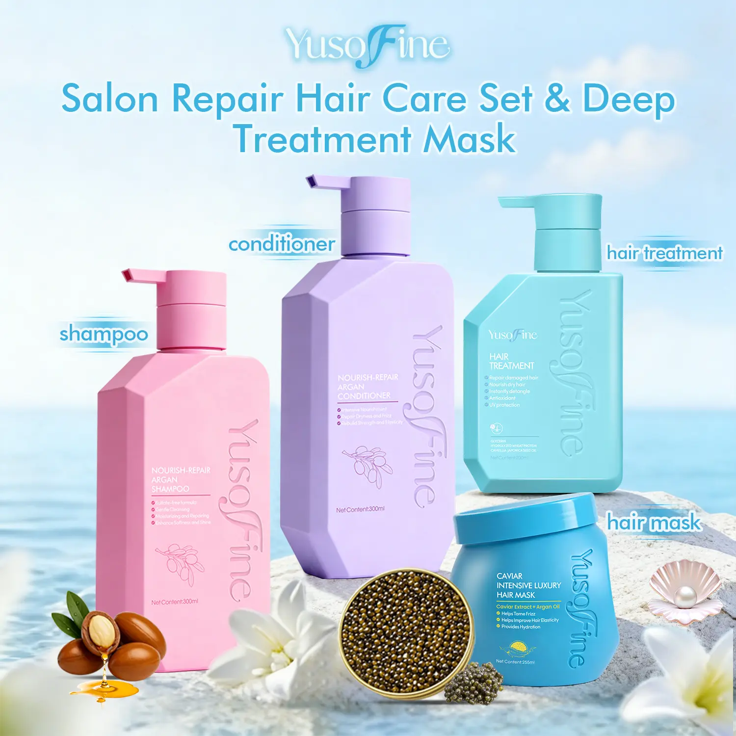 40% OFF [Hair Care Bundle] Yusofine Nourish-Repair Argan Shampoo + Conditioner + Hair Treatment/Hair Mask Caviar Extract Luxury Hair Care