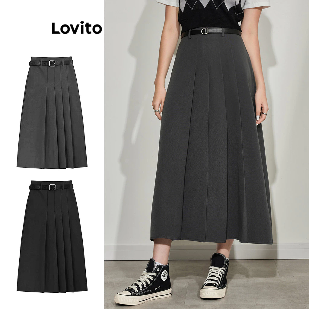 30% OFF Lovito Women Casual Skirts Plain Pleated Asymmetrical Skirt L45AD051 (Grey)