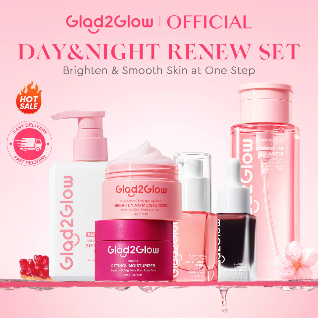 63% OFF Glad2Glow Morning&Night Facial Skincare Set 6PCS Milk Cleanser Micellar Water Brightening Cream