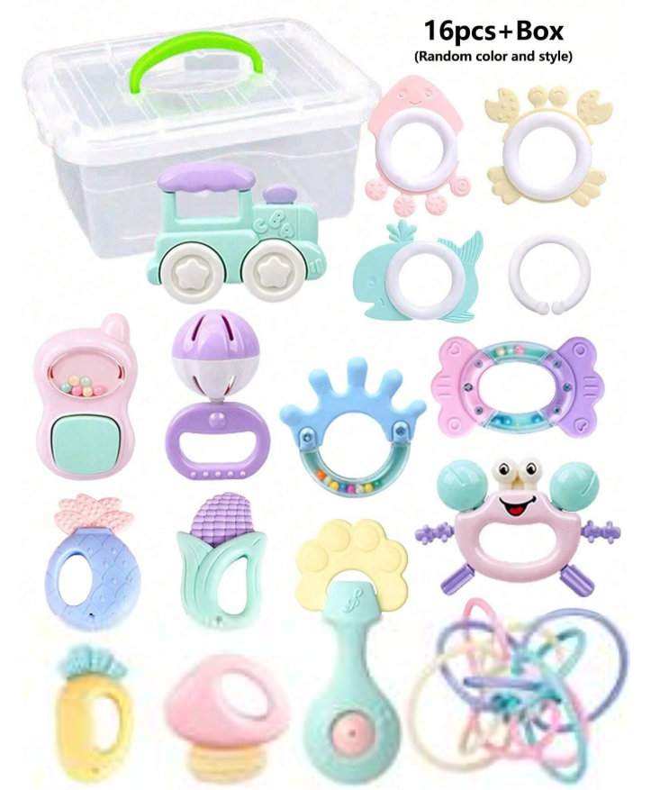 4% OFF 16pcs/Set Baby Rattle Toys Set, Teething Manhattan Ball, Chewable, Washable, Teething Rings, Newborn Birthday Gift For Boys And Girls (Packaging Box, Pattern, Accessories And Color Will Be Random)