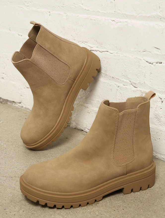 SHUZIA Top-Seller Women's Slip-On Round Toe Chunky Lug Sole Nub Beige Chelsea Boots –Comfortable & Classic For Christmas Valentine's Day