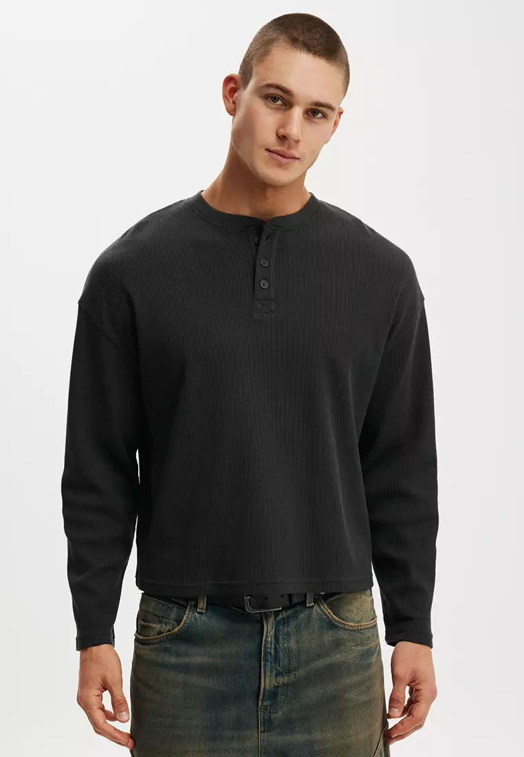 19% OFF Relaxed Fit Textured Henley Long Sleeves Top