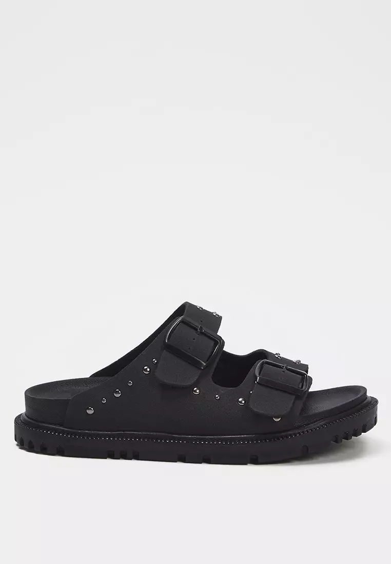 37% OFF Trendyol Black Rivet Double Buckle Flat Women's Slippers Takss25Te00004