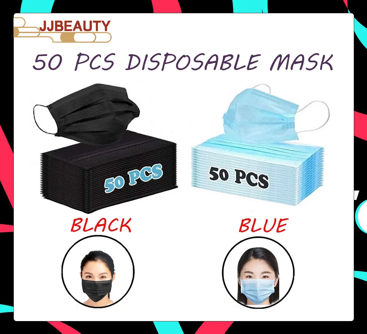 62% OFF JJBEAUTY 50PCS Disposable Surgical Masks High Quality Black & Blue for Work Travel Dust Germs Allergies Smoke Pollution Ash Pollen Crafts Gardening