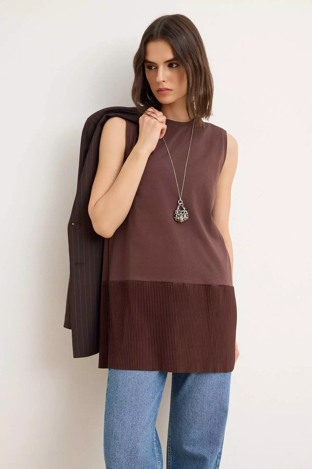 48% OFF Brown Skirt Pleated Detailed Sleeveless Knitted Undershirt Blouse Tctss25Uk00005
