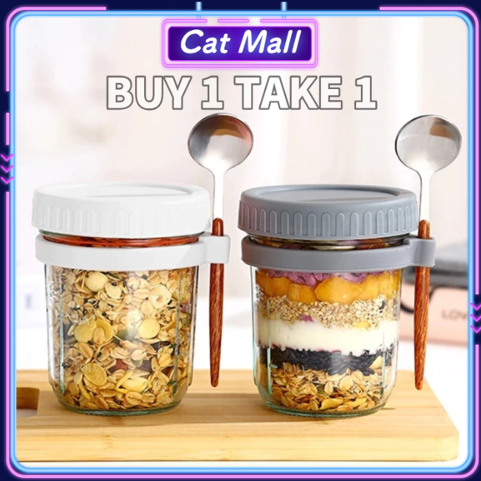 B1T1 Reusable Overnight Oats/Yogurt Jar Glass With Spoon