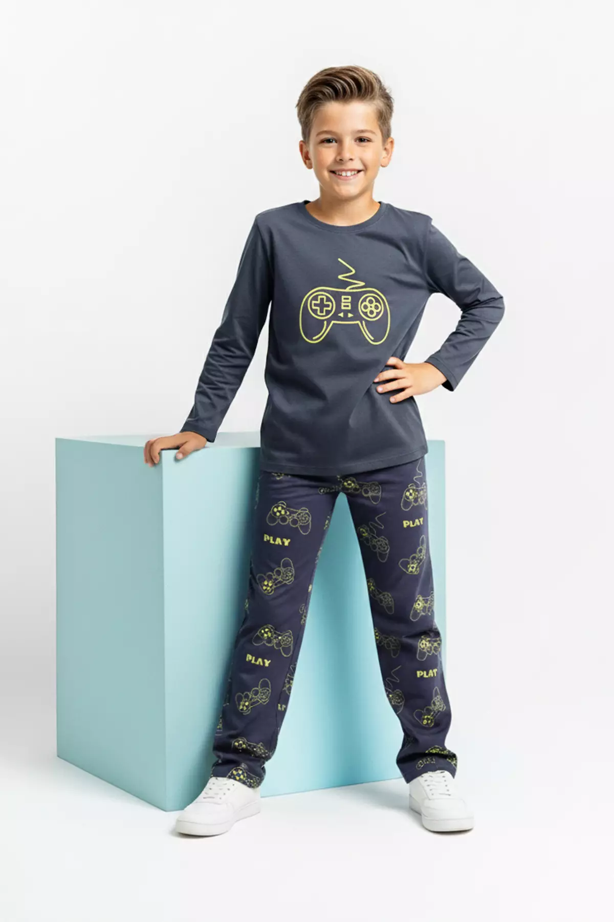 40% OFF Anthracite Cotton Printed Knitted Male Child Bottom-Upper Pajama Set Tkdaw26Pt00013