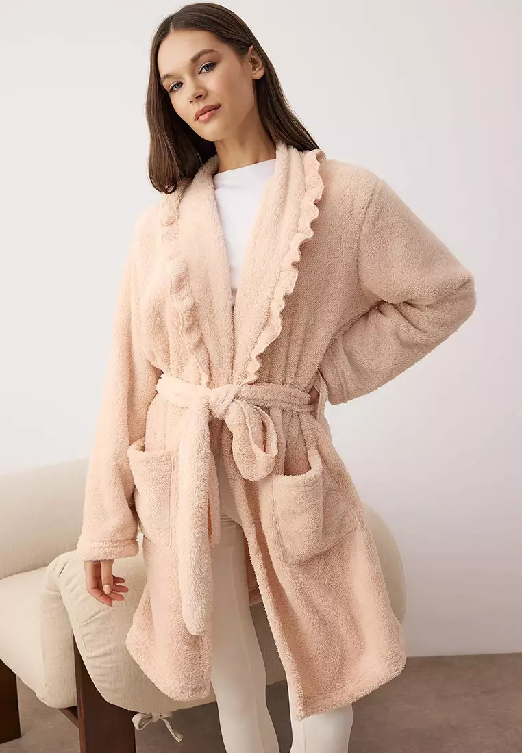 32% OFF Pink Ruffle Pocket Wellsoft Winter Knitted Dressing Gown