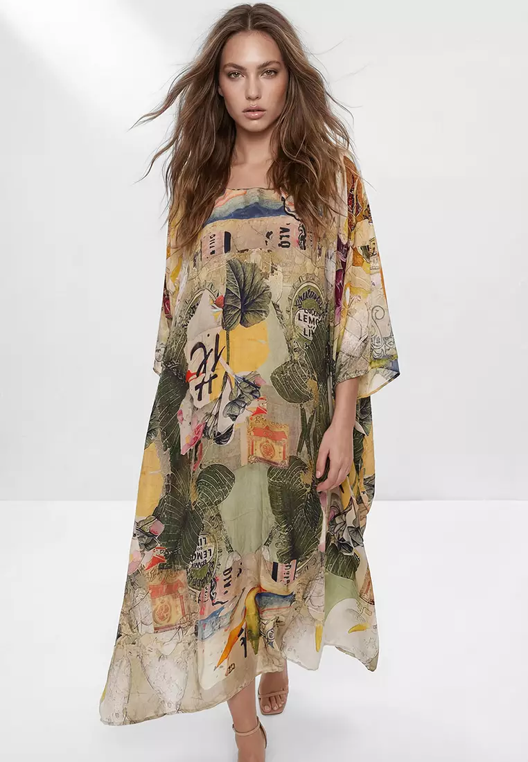 45% OFF Trendyol Khaki Tropical Pattern Unlined Cool Fabric Hijab Dress Tctss26Eb00161