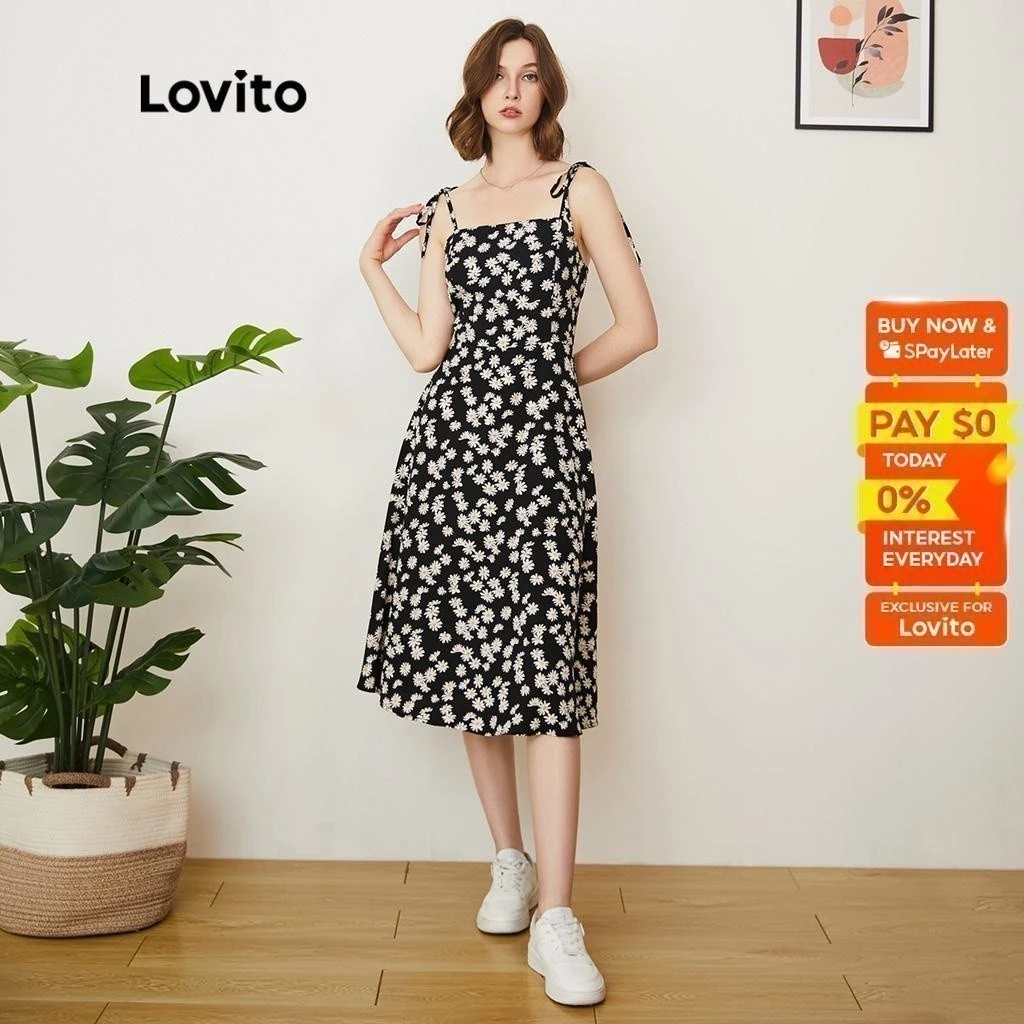 23% OFF Lovito Women Casual Daisy Dress Adjustable Shoulder Strap Suspender Black Mini Dress L24AD135