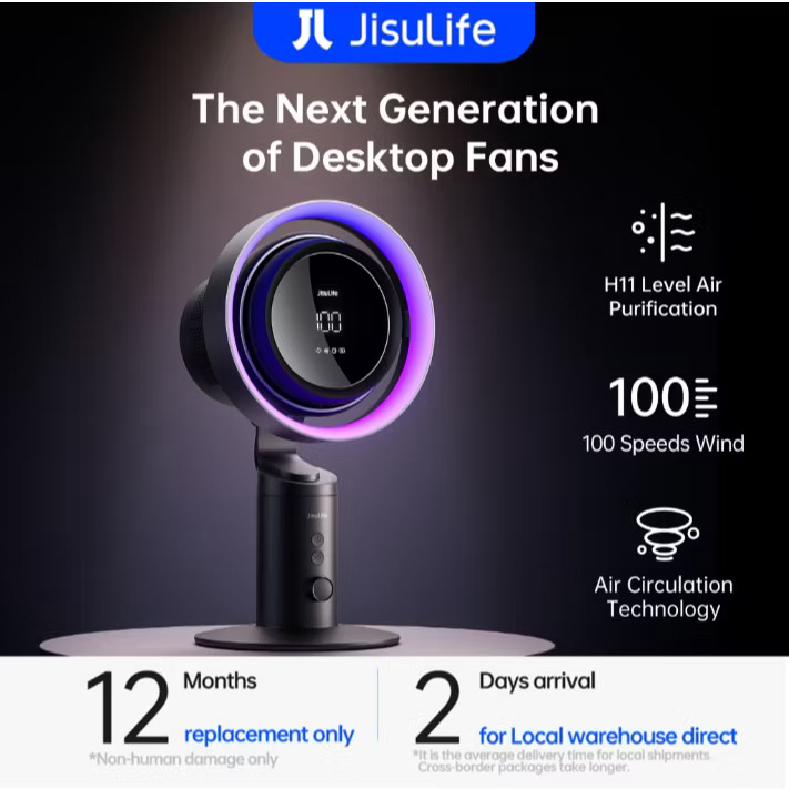 ￼63% OFF JISULIFE Table Fan Pro 3 Rechargeable  Air Purifier Fan 100 Speeds Strong Wind 10000mAh Battery With Light and Digital Display For Office Outdoor Camping