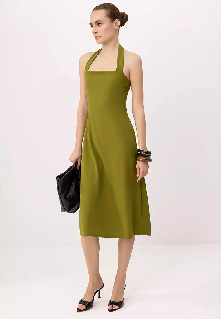 40% OFF Oil Green Straight A-Line Halter Tie-Detail Sleeveless Midi Crepe Knitted Dress Twoss26El733