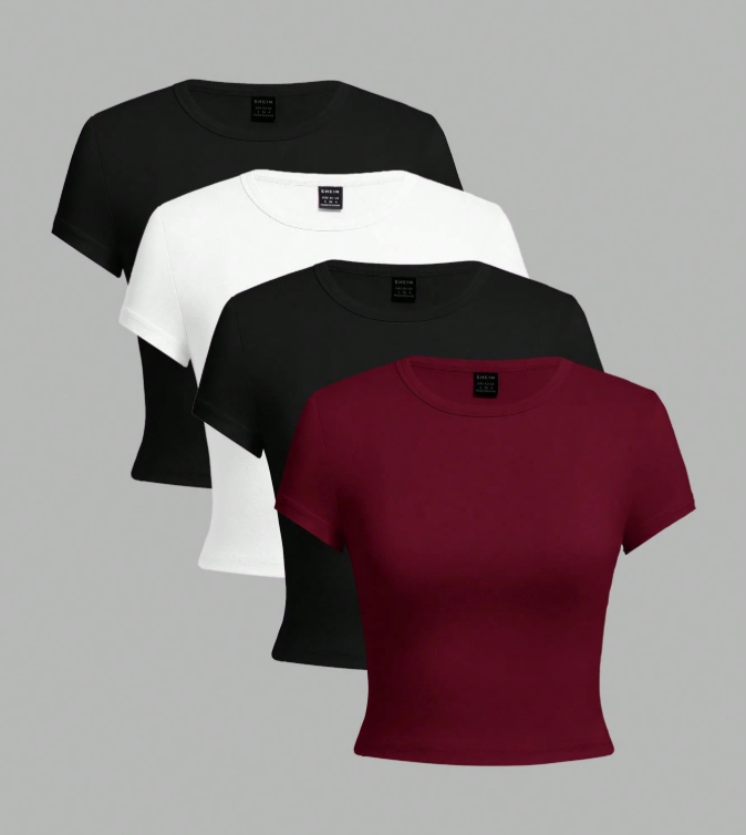 10% OFF SHEIN EZwear 4pcs Set Women Casual Round Neck Short Sleeve Fitted T-Shirts, Suitable For Summer Basic Tees Women Basic Women Tops Plain Tshirts Women