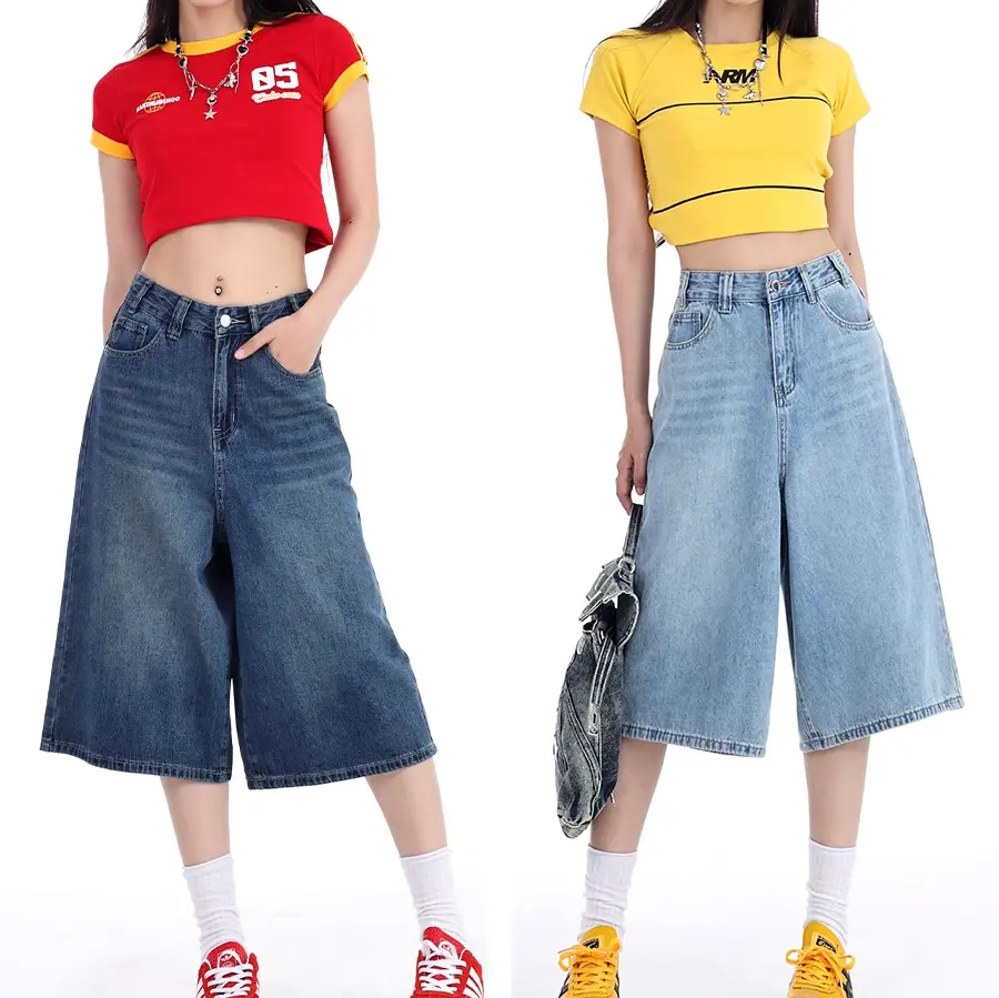 72% OFF Shorts Jeans for Women Loose Men /Women DenimShorts Retro Design High Waist 7 PointsCulottes