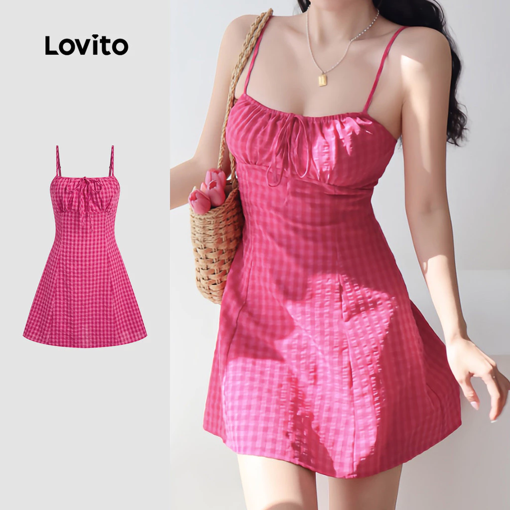 27% OFF Lovito Women Boho Dress Lace Up Zipper Soft and Comfortable Spring/summer Rose Red Dress L137ED021