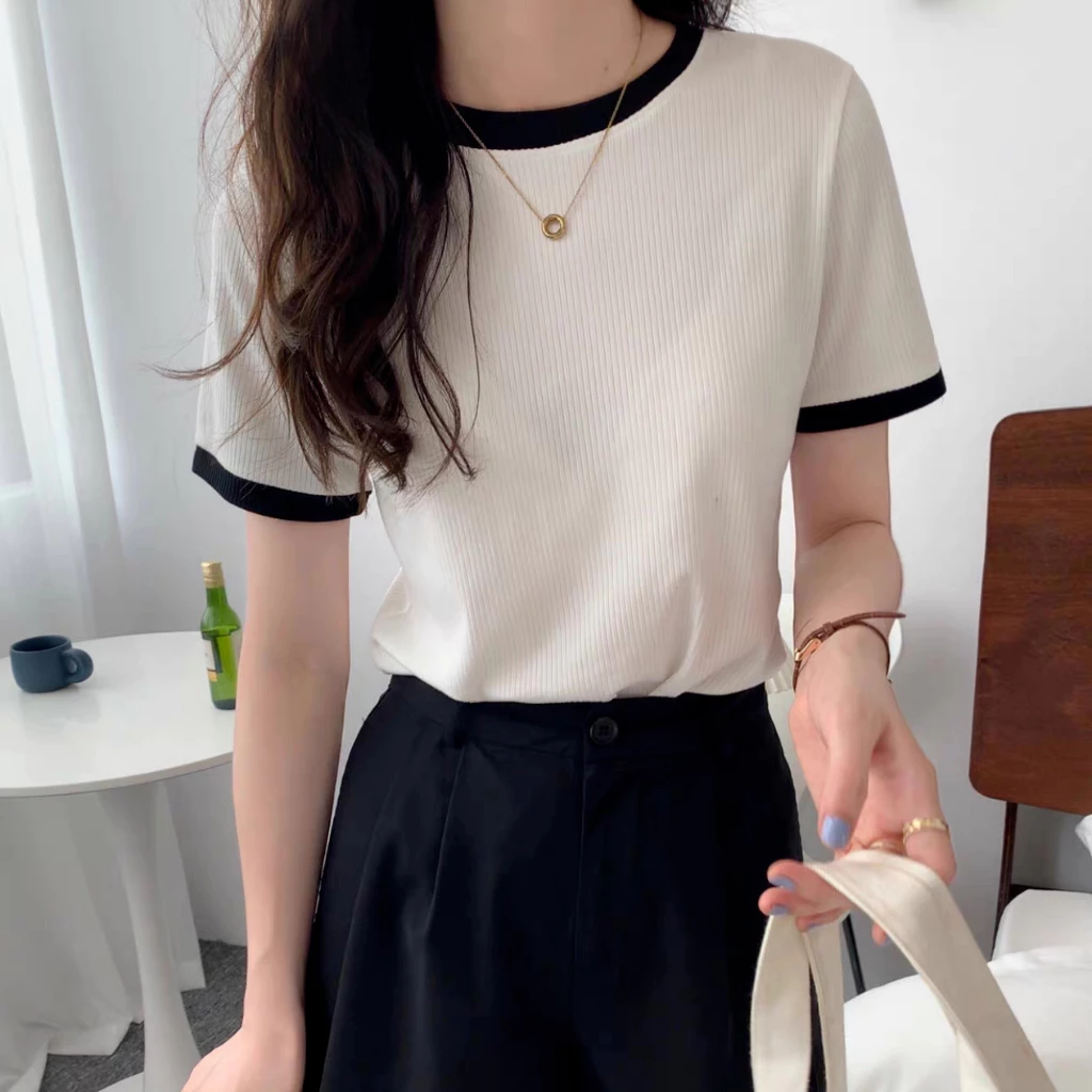48% OFF Buy 1 Take 1--Angelcity Contrast Binding Round Neck Tee Full Length T Shirt For Women Tops