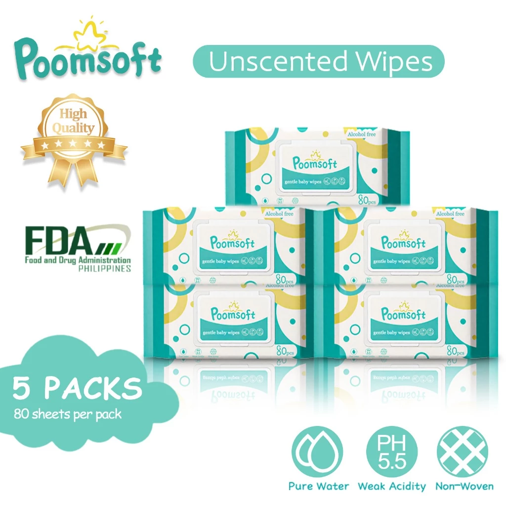 19% OFF Poomsoft 5 Packs x 80 Sheet Unscented No-Alcohol Gentle Wipes Wet Tissue Baby FDA Approved