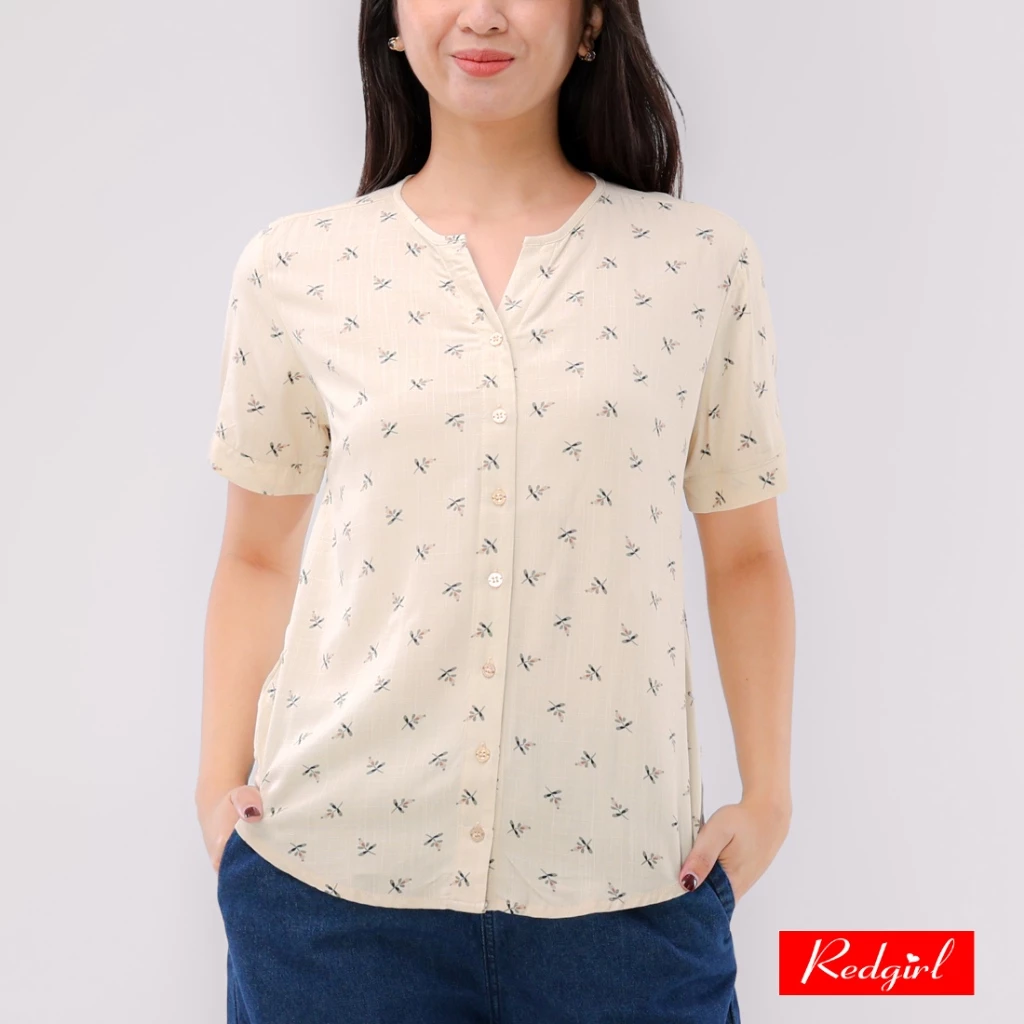 61% OFF Redgirl Printed Soft Linen Short Sleeves Round Neck Blouse RSFT04-0223 [Blouse for women]