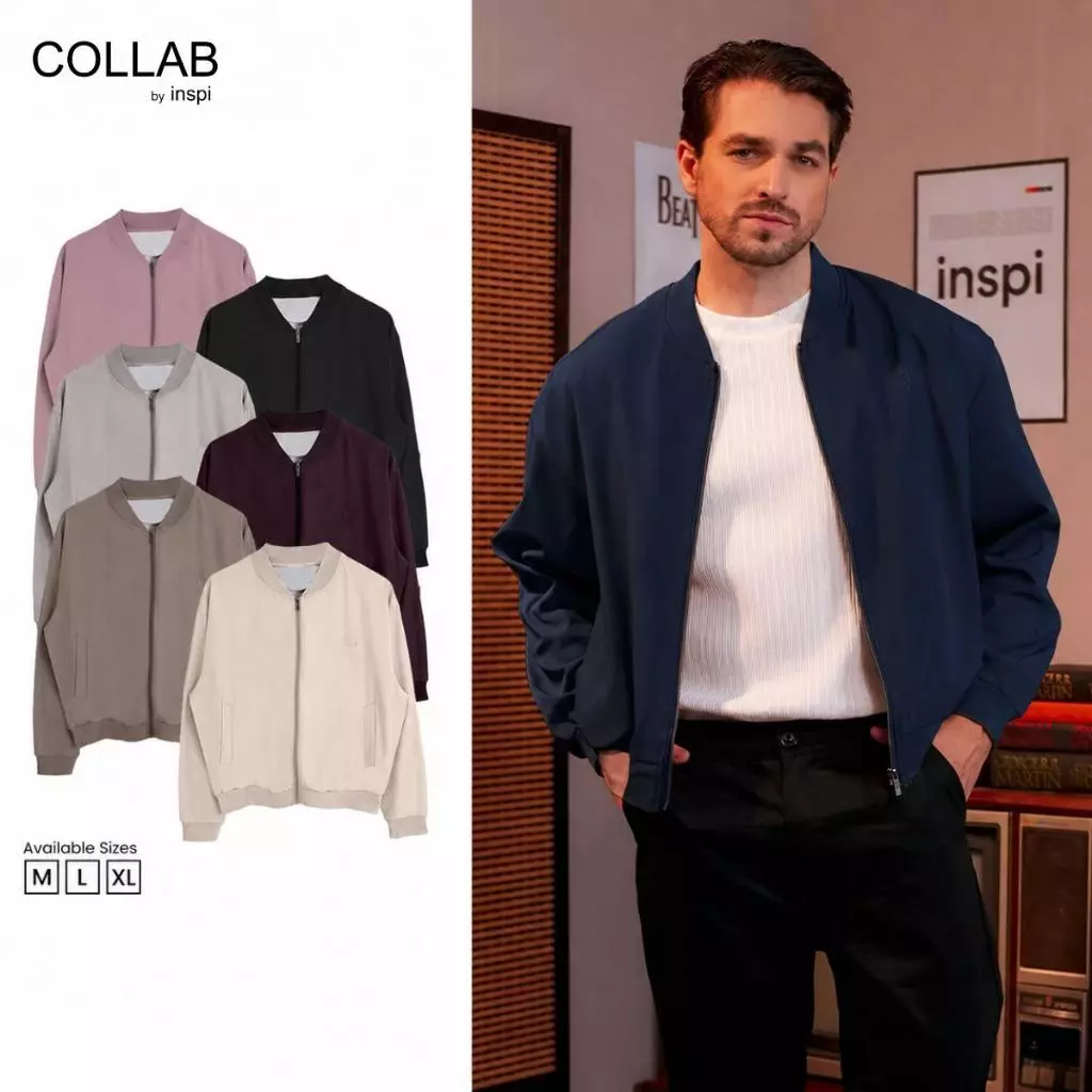 35% OFF COLLAB by Inspi Cropped Bomber Jacket for Men Full-Zipped with Pockets Korean Style Long Sleeve Top