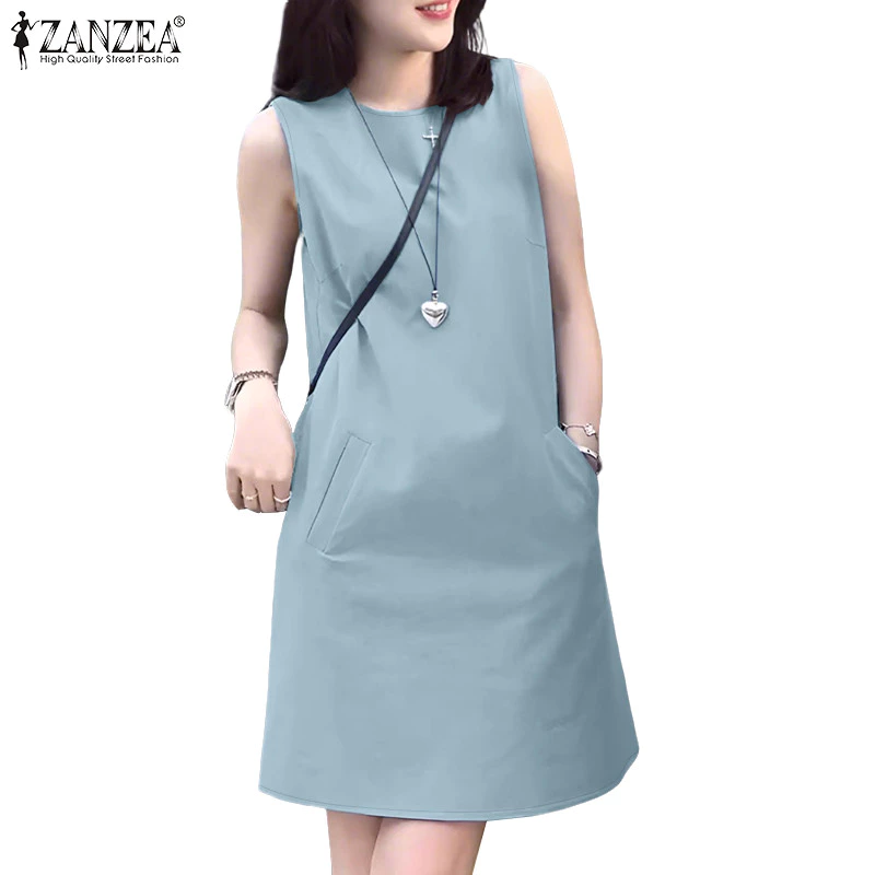 51% OFF ZANZEA Women Korean Casual All Match Round Neck Sleeveless Solid Mini A-Line Sundress
