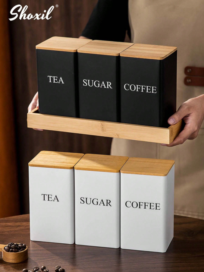 24% OFF shoxil 3PCS/Set Square Coffee Storage Can, Coffee Bean Canister, Tea Canister, Sugar Canister, Bamboo Lid & Iron Body Container, For Coffee Beans, Tea Leaves, Snacks, Home Kitchens, Coffee Shops, Pantry Organization, Gift Giving
