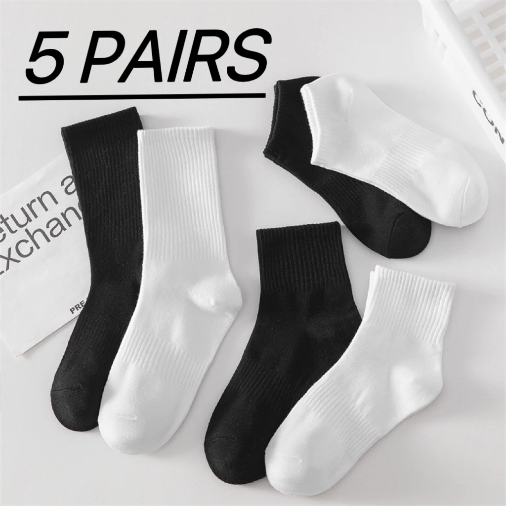 96% OFF 5 Pairs Set Pure Cotton Socks Black White Tricolor Solid Color Low-Mid-Long Cut Sock