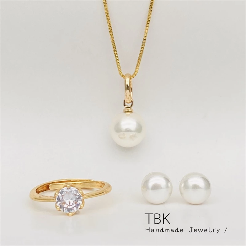 93% OFF TBK 24K Gold Pearls Pendant Necklace Stud Earrings Adjustable Ring Set for Women 1400s