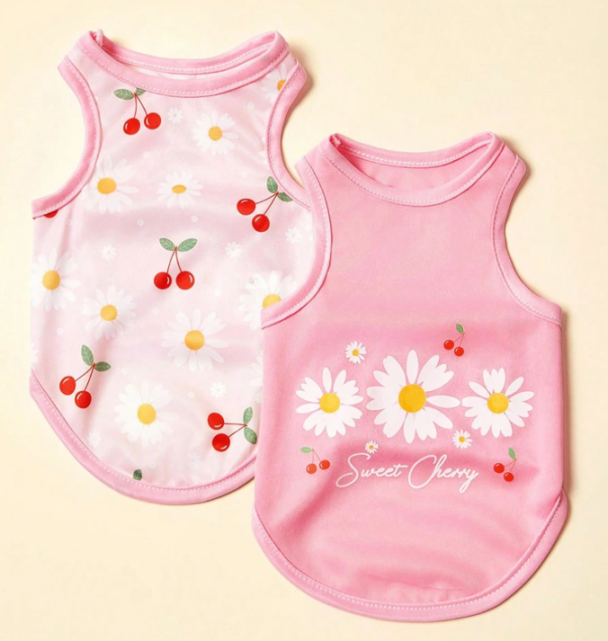 20% OFF PETSIN 2pcs Pet Cat Dog Universal Pink Daisy Cute Print Casual Comfortable Breathable Dog Top