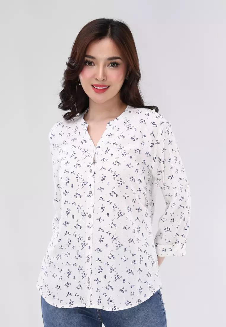82% OFF Printed Soft Linen 3/4 Sleeves Chinese Collar Blouse