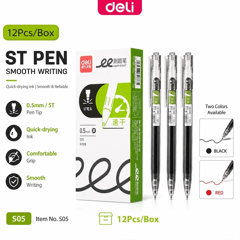15% OFF Deli 12Pcs Ballpen 0.5mm High-capacity quick-drying ink Sign Pen Stationery School Supplies S05