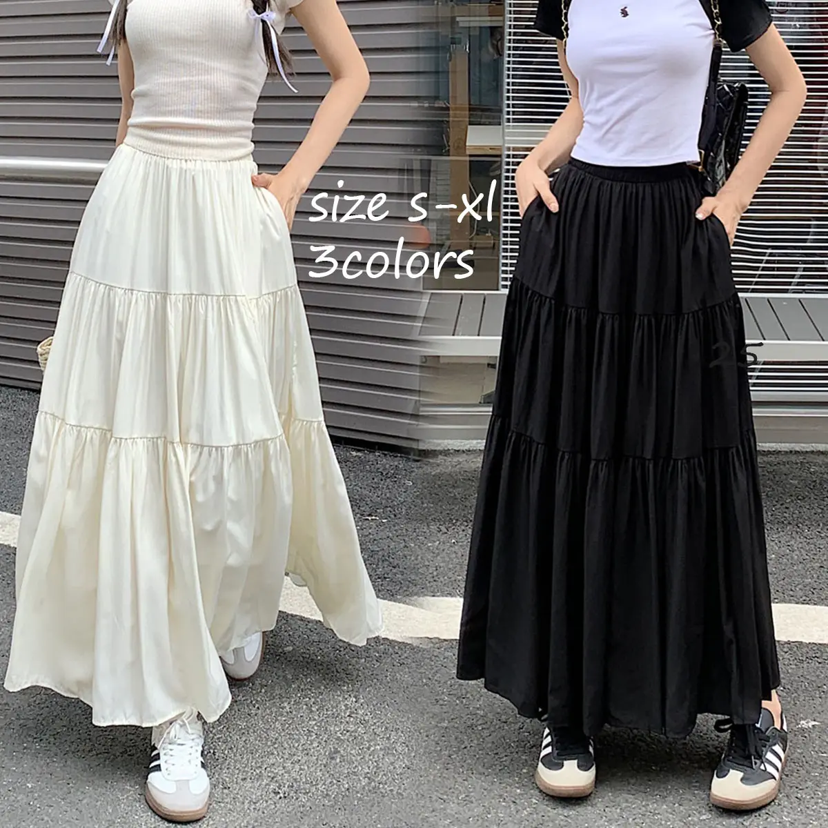 39% OFF Maxi Pleated Skirt for Women With Pocket A-line Styling Elastic Waist Korean Style Design Splicing Fashion Casual Long Skirt Available In Sizes S-XL#5542 Womenswear Comfort