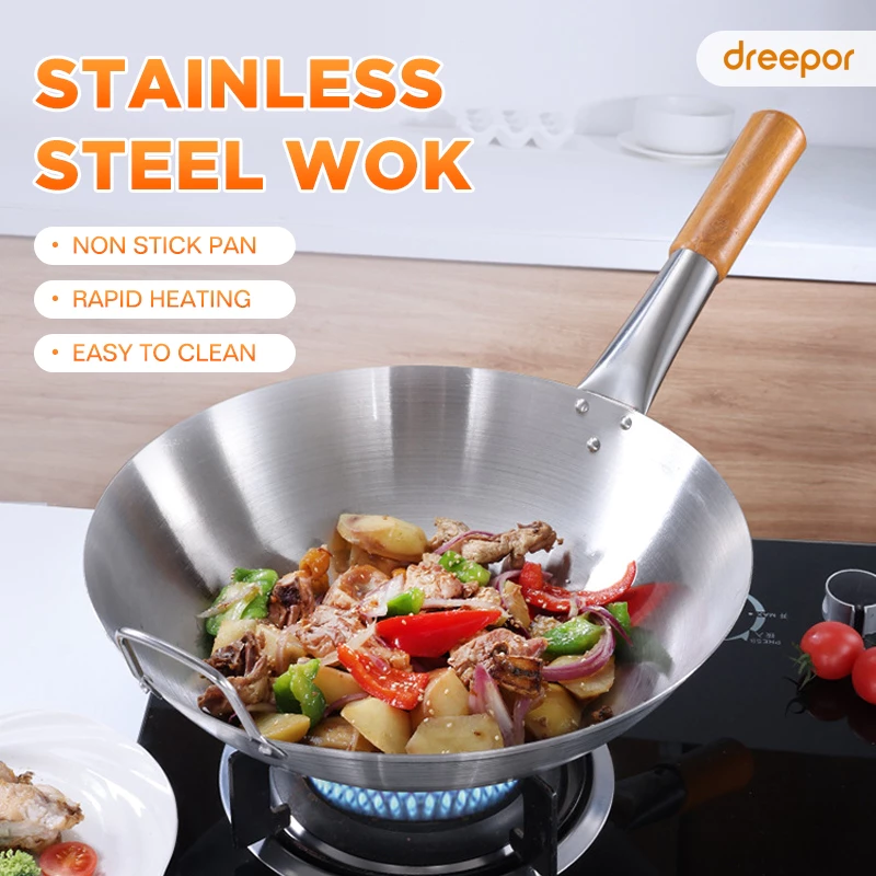 67% OFF Dreepor Non stick Wok Pan Stainless Steel Pan Nonstick 30/36cm Iron Wok Kitchen Non-Stick Cookware