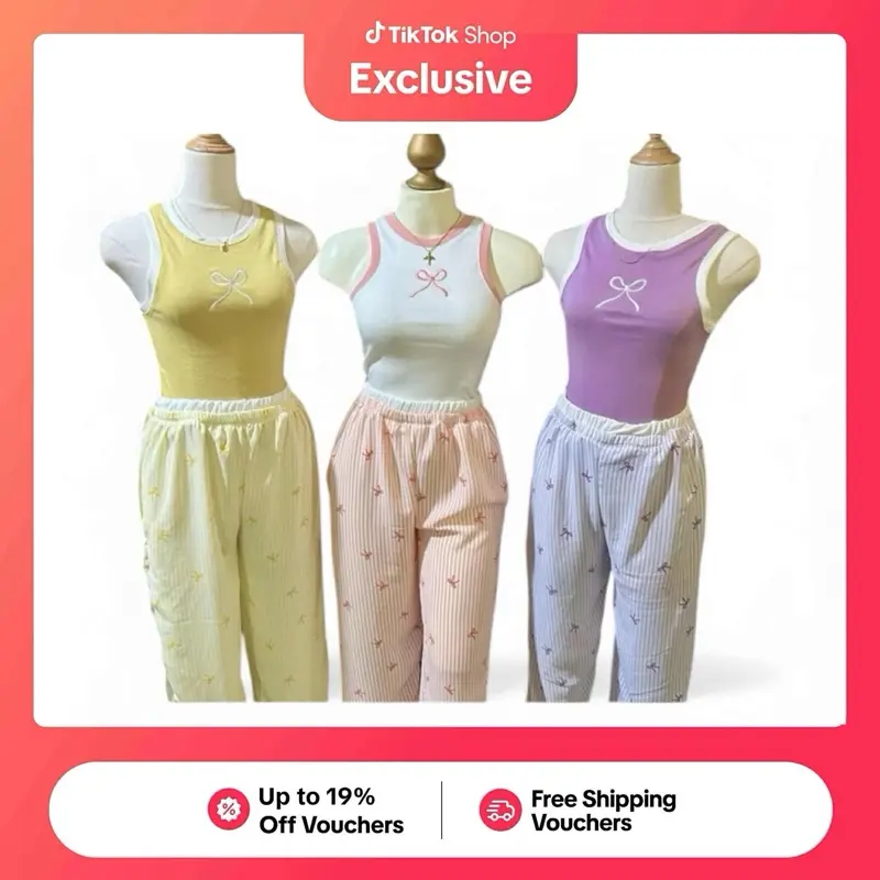 50% OFF SWY TERNO 3IN1 2RIBBON TOPS & 1RIBBON PANTS Summer Medium Length Linen & Cotton Knitted Set for Various Occasions