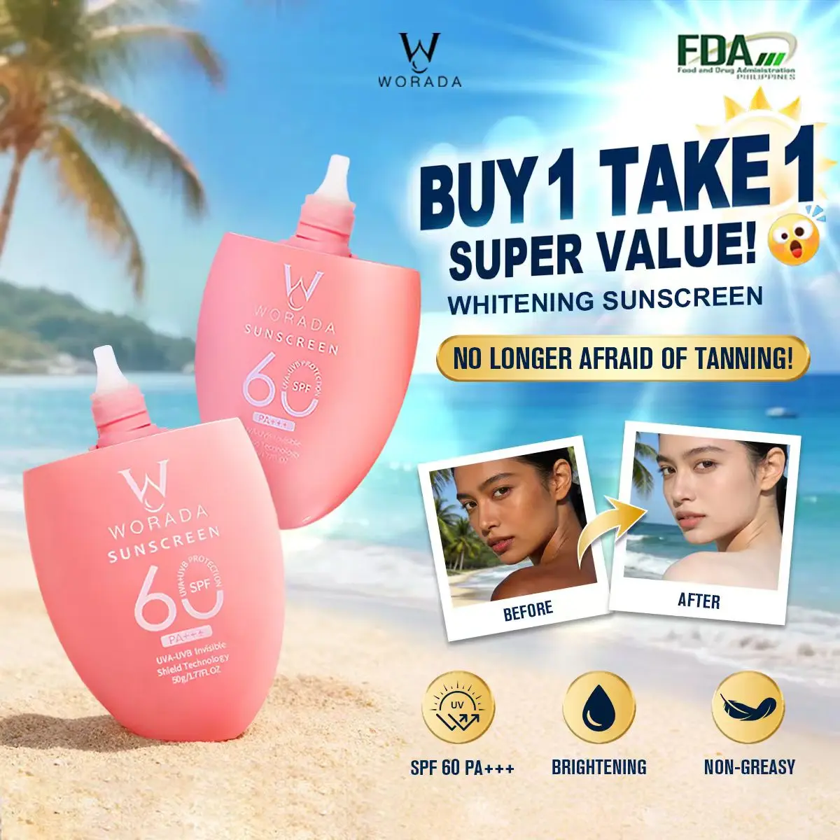 52% OFF [FDA Approved] COD BUY 1 TAKE 1 WORADA SPF60 Sunscreen Sunblock Whitening Cream All Skin Types Waterproof Long Lasting Protection Moisturizer Make-Up Primer Hydrating Daily Comfort Uv Facial Gentle Moisture Pack Hydrate beauty salve sunscreen
