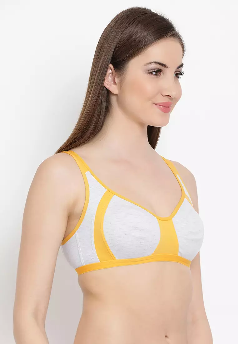 82% OFF Clovia Supportz Non-Padded Non-Wired Colorblocked Full Coverage Bra in Yellow & Grey - Cotton