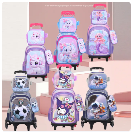 40% OFF New elementary school student Kuromi trolley school bag lunch bag pencil bag three-piece set Children's Cute Cartoon Backpack 2/6 Wheels