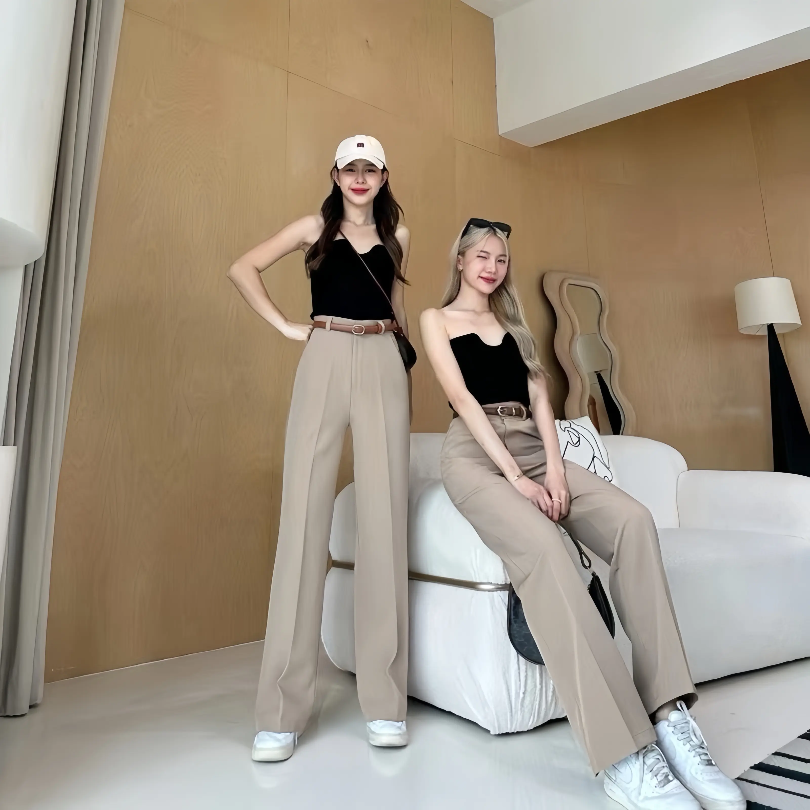 50% OFF Bosen/High Waist Trousers FREE BELT Wide Leg Womenswear Comft Straight Cut Wide Leg Office Wear Bottom For Women Two Pocket Zipper Lady Comfort Basic NO GARTERIZED*p309