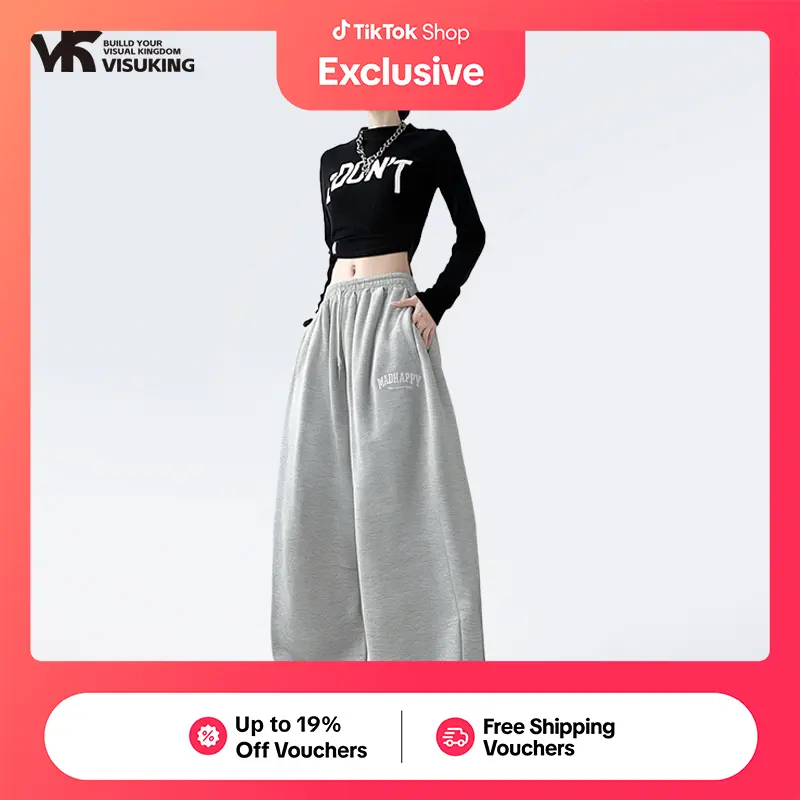 56% OFF VISUKING Women's Pants High Street Sports Sweatpants Loose Trendy Straight Hip-Hop Wide-Leg Casual